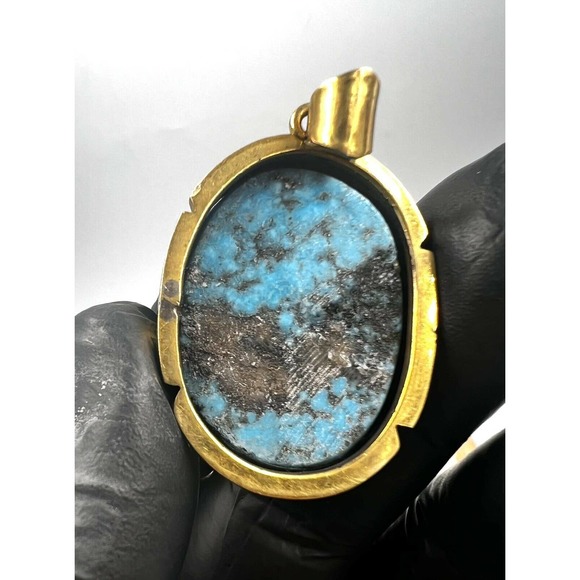 Natural Turquoise Pendant Metal Brass Handmade With Rope - Picture 9 of 11